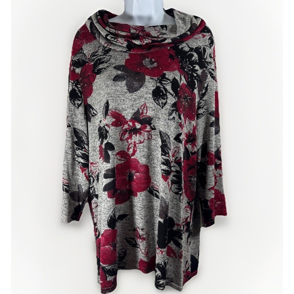 Rebecca Malone Plus 1X Floral Cowl Neck Tunic Sweater Stretch Knit‎ Rhinestones